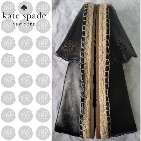 KATE SPADE Espadrille Gillian Black Leather Flats Slip On Laster Cutout Size 7 - Picture 7 of 12